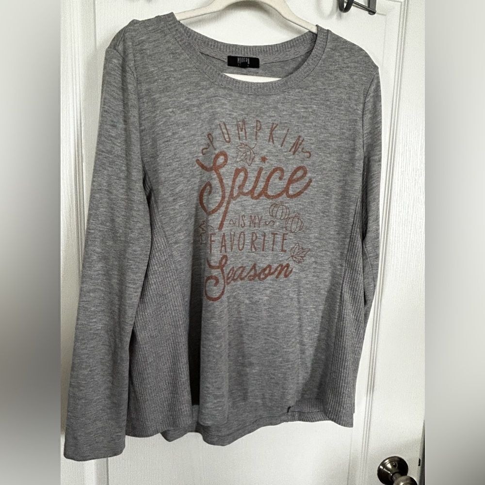 Modern Canvas Top Womens XL Grey Pumpkin Spice Fall Graphic Long Sleeve Shirt
